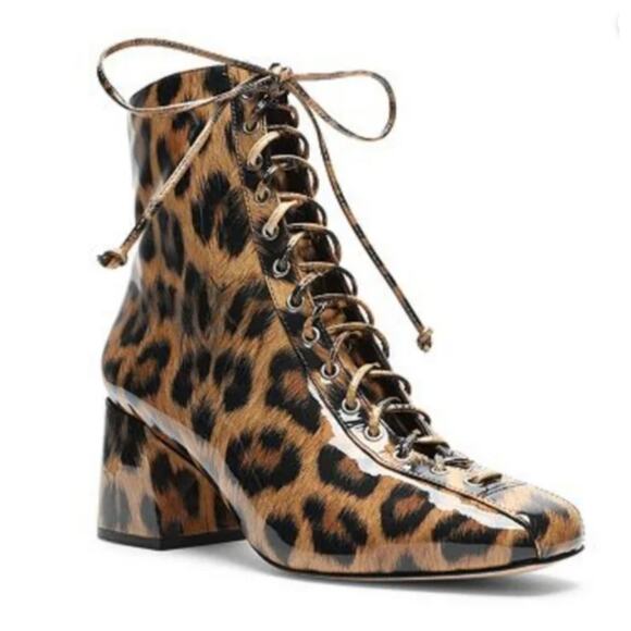 SCHUTZ Kika Leopard Print Boots Patent Leather Lace Up Womens Sz 7 Chunky Heel - Picture 1 of 11